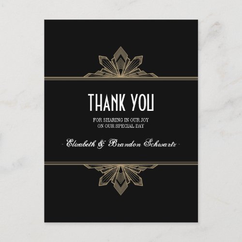 Vintage Deco Black  Gold Thank You Postcard