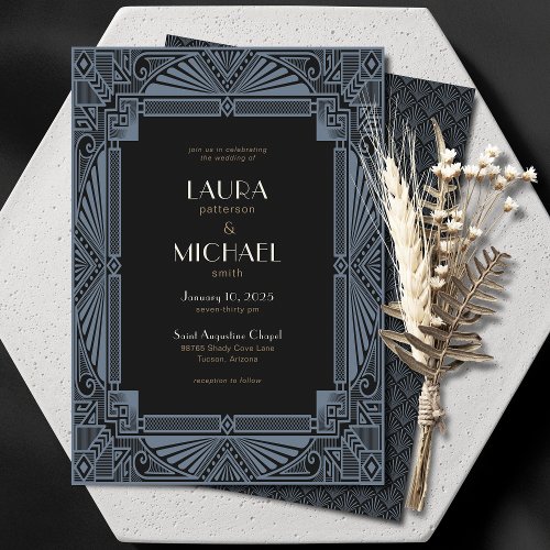 Vintage Deco Dusty Teal Blue Black Invitation