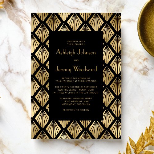 Vintage Deco Fans Black Gold 1920s Wedding Invitation