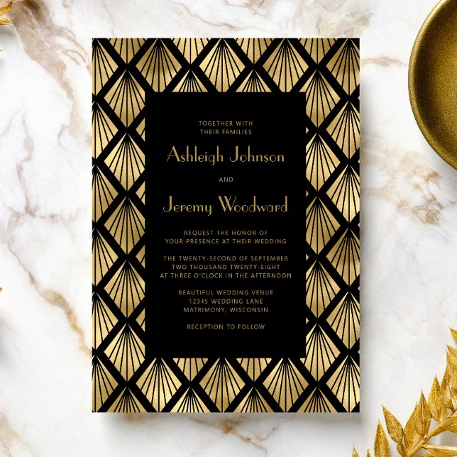 Vintage Deco Fans Black Gold 1920s Wedding Invitation (An ideal choice for a 1920s vintage themed wedding with a black and gold color palette.)