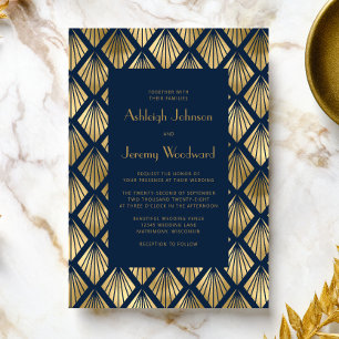 Vintage Deco Fans Gold Navy Blue 1920s Wedding Invitation