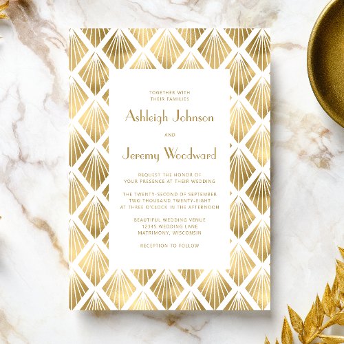 Vintage Deco Fans Gold White 1920s Wedding Invitation