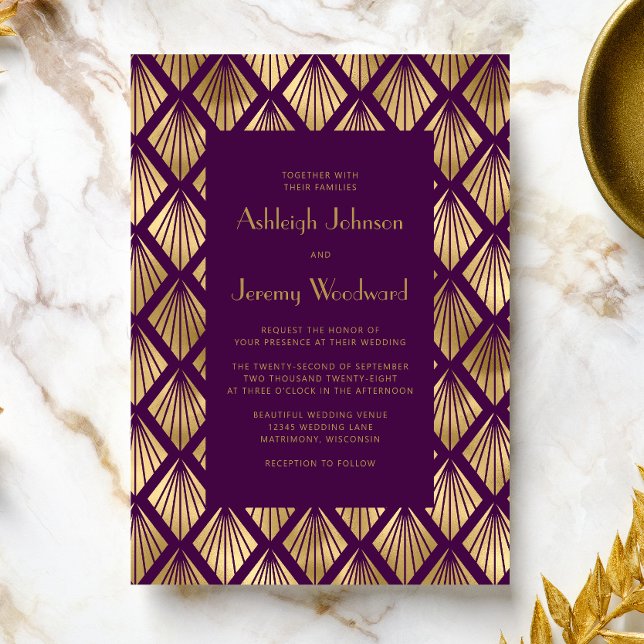Vintage Deco Fans Purple Gold 1920s Wedding Invitation (An ideal choice for a 1920s vintage themed wedding with a purple and gold color palette.)
