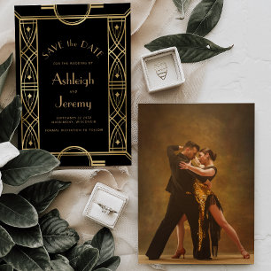 Vintage Deco Frame Black Gold Photo Wedding Save The Date