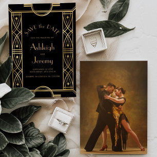 Vintage Deco Frame Black Gold Photo Wedding Save The Date