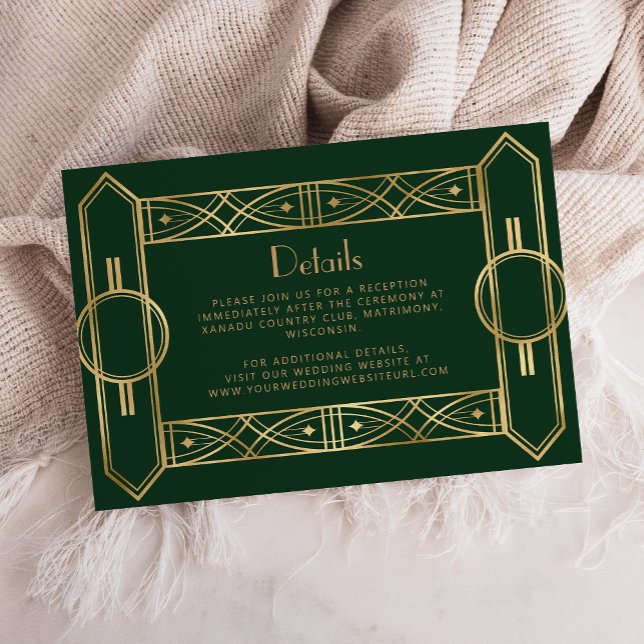 Vintage Deco Green Gold Wedding Details Enclosure Card (Creator Uploaded)