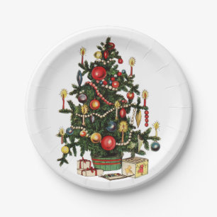 Vintage Decorated Christmas Tree Paper Plates