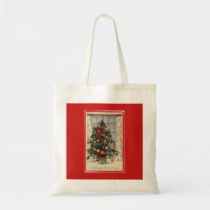 Vintage Decorated Christmas Tree Red Tote Bag