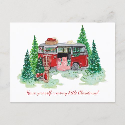 Vintage Decorated Red Bus Christmas Scene Announcement Postcard