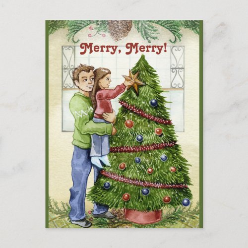 Vintage Decorating the Christmas Tree wDad Postcard