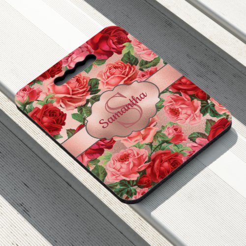 Vintage Decorative Pink Red Rose Floral Monogram Seat Cushion