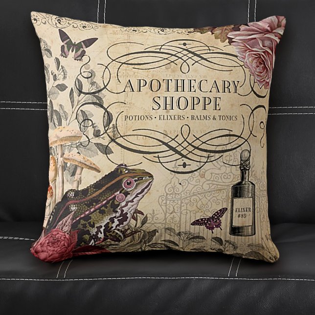 Vintage Decoupage Collage Apothecary Throw Pillow (Halloween apothecary vintage decoupage pillow.)