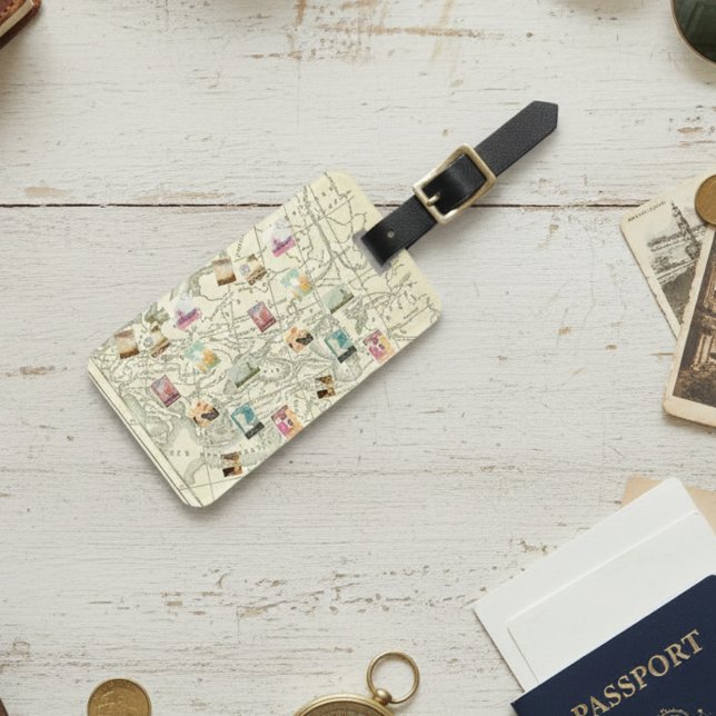 Vintage Decoupage Ephemera Travel Stamps Map  Luggage Tag (Creator Uploaded)