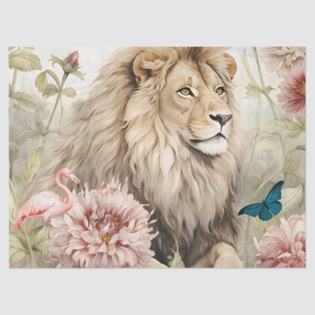 Vintage Decoupage Pastel Floral Lion Tissue Paper (Front)