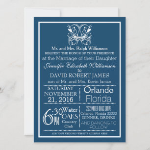 Vintage Deep Blue Typography Wedding Invitation