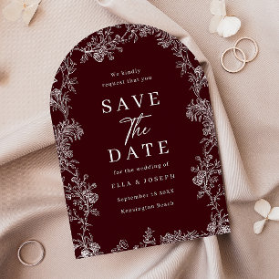 Vintage Deep Burgundy & White Floral Wedding Save The Date