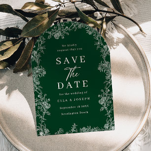 Vintage Deep Emerald & White Floral Wedding Save The Date