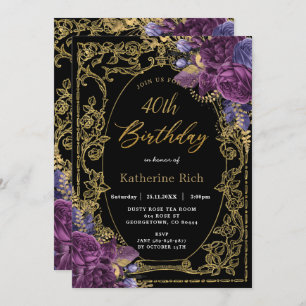 Vintage Deep Purple Floral Antique Gold Birthday Invitation