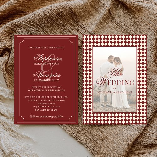 Vintage Deep Red Checkered Old Money Photo Wedding Invitation