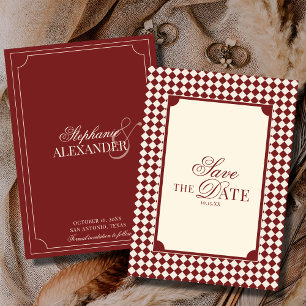 Vintage Deep Red Checkered Old Money Wedding Save The Date