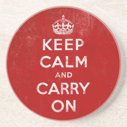 Vintage Deep Red Distressed Keep Calm and Carry On Drink Coaster