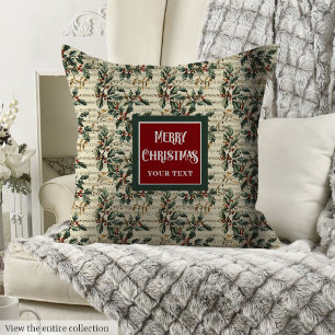 Vintage deep red holly berry Christmas carols note Throw Pillow