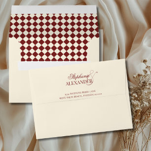 Vintage Deep Red Ivory Checkered Old Money Wedding Envelope