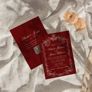 Vintage Deep Red Old Money QR Code Wedding Invitation