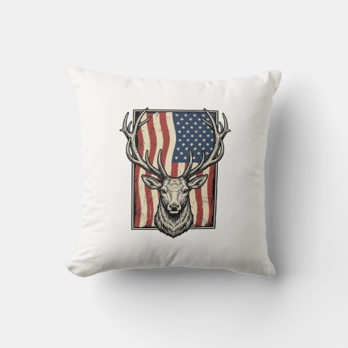 Vintage Deer American Flag Hunting Shirt Design_1 Throw Pillow