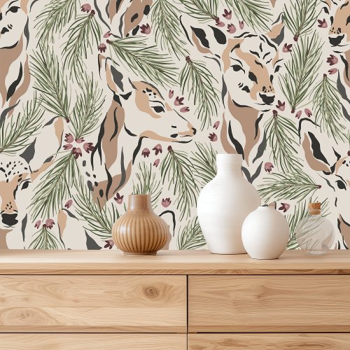 Vintage Deer and Forest Pattern Wallpaper
