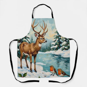 Vintage Deer and Robins Christmas Scene Apron