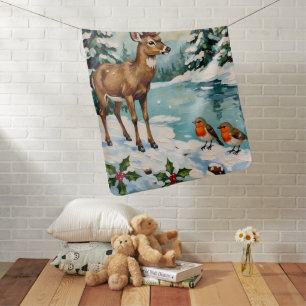 Vintage Deer and Robins Christmas Scene Baby Blanket
