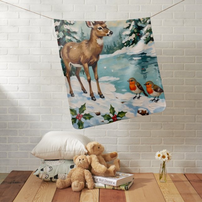 Vintage Deer and Robins Christmas Scene Baby Blanket (In Situ)
