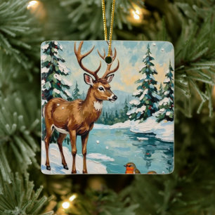 Vintage Deer and Robins Christmas Scene Ceramic Ornament