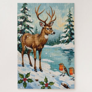 Vintage Deer and Robins Christmas Scene Jigsaw Puzzle