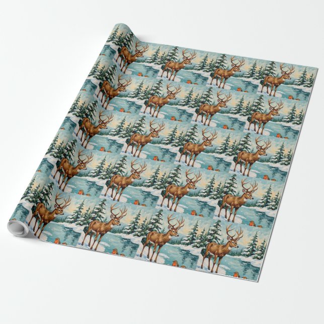 Vintage Deer and Robins Christmas Scene Wrapping Paper (Unrolled)