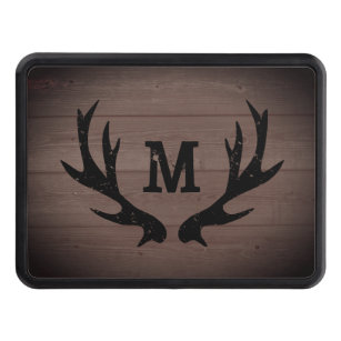 Vintage deer antler monogram dark wood grain hitch cover
