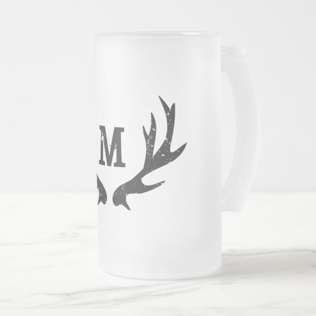 Vintage deer antler monogram glass beer mug gift (Front Right)