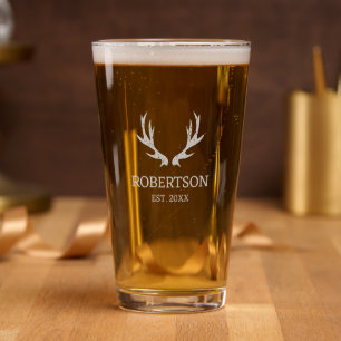 Vintage deer antlers logo custom etched beer pint glass