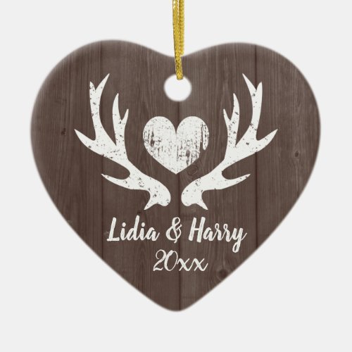 Vintage deer antlers wood heart 1st Christmast Ceramic Ornament