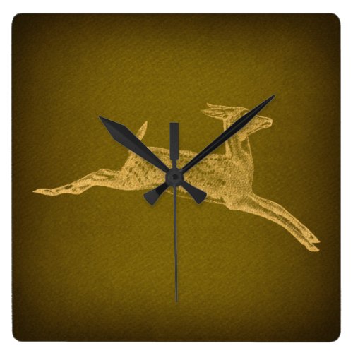 Vintage Deer Art Green &amp; Gold Style Square Wall Clock