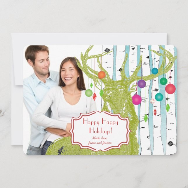 Vintage Deer  Birch Tree Photo Christmas Card (Front)