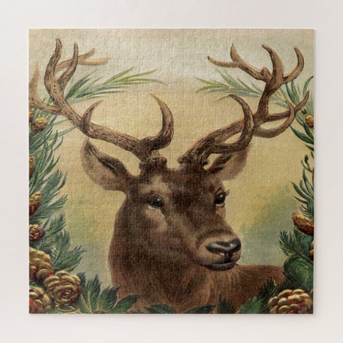 Vintage Deer Buck Stag Nature Rustic Christmas Jigsaw Puzzle