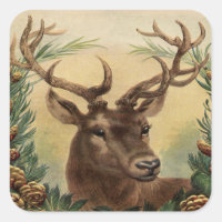 Vintage Deer Buck Stag Nature Rustic Christmas Square Sticker