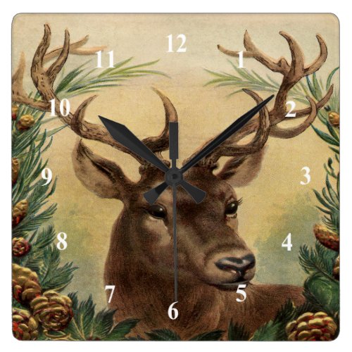 Vintage Deer Buck Stag Winter Holidays Rustic Square Wall Clock