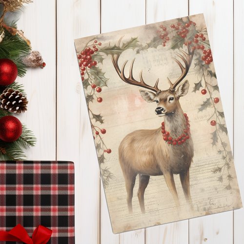 Vintage Deer Christmas Winter Aged Decoupage Tissue Paper