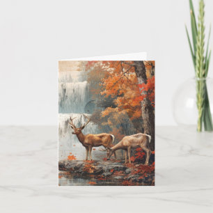 Vintage Deer Couple Woodland Waterfall Vert Blank Note Card