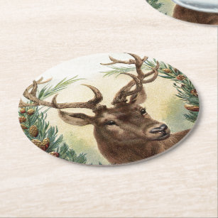 Christmas Paper Coasters Stags Head Design Party Drinks Mats x 25