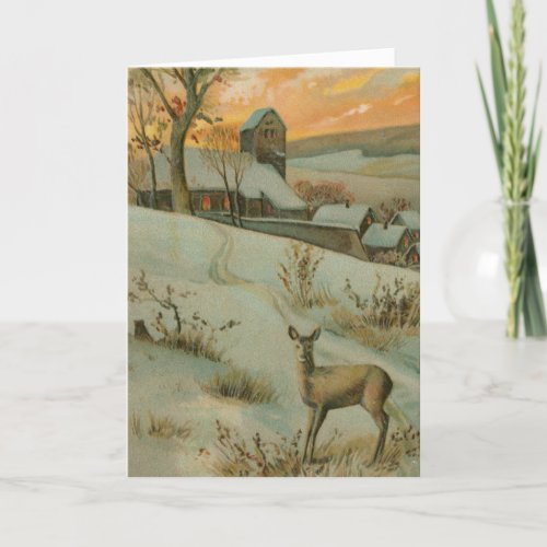 Vintage Deer Hill Snowy Country Village Christmas Holiday Card