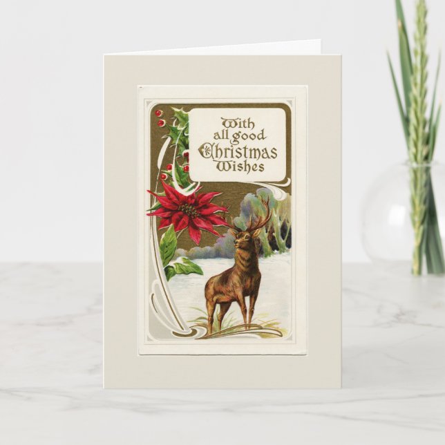 Vintage Deer in Snow Light Gray Holiday Card (Front)